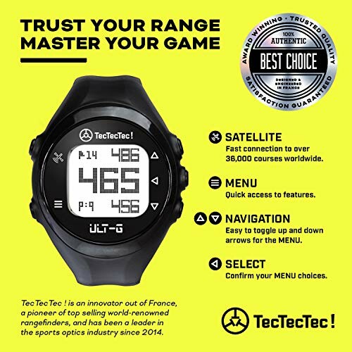 TecTecTec ULT-G Golf GPS Watch with features like satellite, menu, navigation, and select.