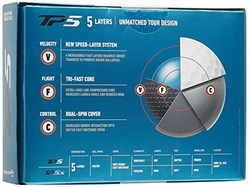 TP5 golf balls package showing 5 layers and features.