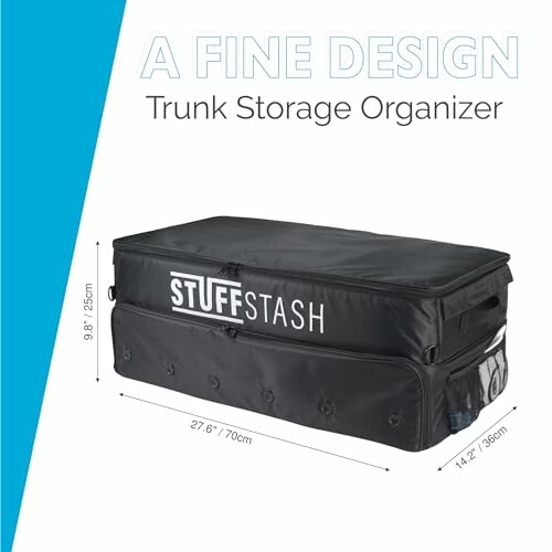 Black trunk storage organizer with dimensions.