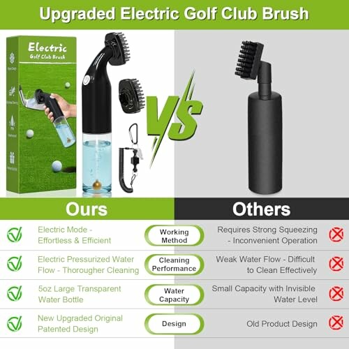 Comparison chart of upgraded electric golf club brush versus a standard brush.