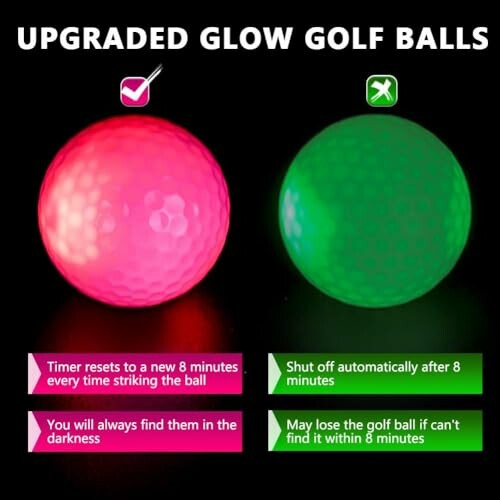Two glow golf balls, one pink and one green, with features listed.