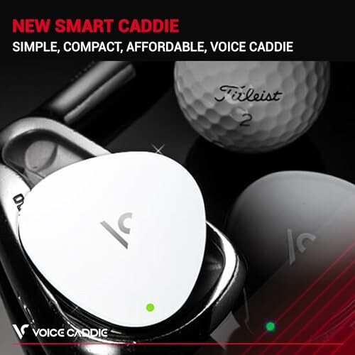 Voice Caddie golf accessory with golf ball and clubs.