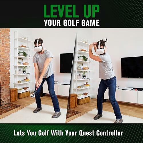 Person playing golf with VR headset and controller indoors.