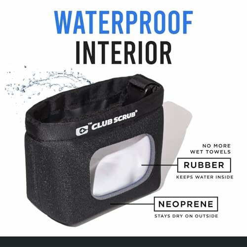 Waterproof golf towel pouch with rubber and neoprene features.
