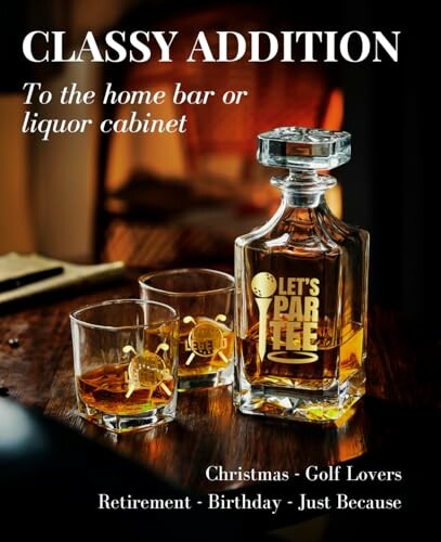 Whiskey decanter and glasses set with text suggesting it as a gift for various occasions.