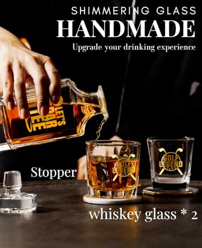 Hand pouring whiskey from a stopper into two glasses with 'Golf Legend' logo.